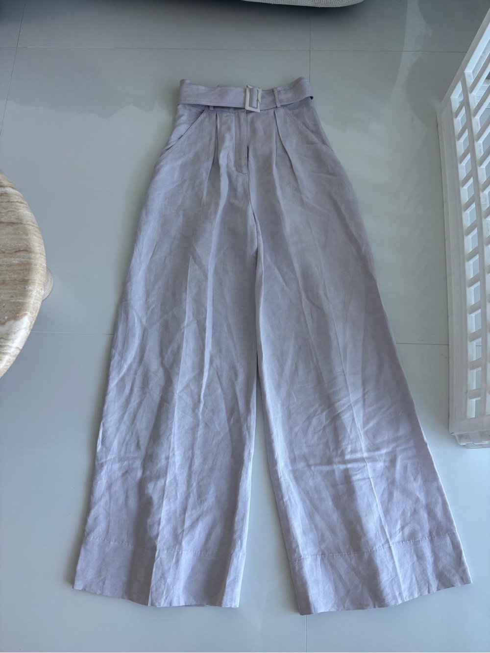 Matthew Bruch High-Waist Wide Leg Linen-Blend Pants in Light Lavender